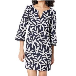 Trina Turk Alena Shift Dress Size 10 Leaf Print Preppy Navy/White